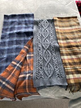 Cashmere plaid & wool gray/blue Knit scarf bundle. All 3 for a low price